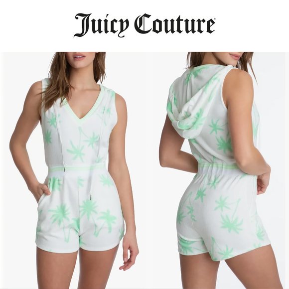 NEW Juicy Couture Hooded Sleeveless White Romper, Surf Green Palm Print, Size L - Picture 1 of 16